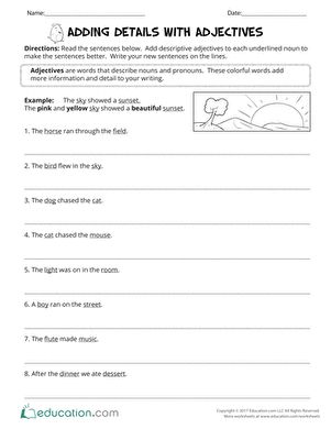 Third Grade Reading & Writing Worksheets: Adding Details with Adjectives Adding Adjectives To Sentences, Adding Details To Writing, Descriptive Adjectives, Third Grade Language Arts, Adjectives Worksheet, Third Grade Ela, Descriptive Language, Adjectives Activities, Language Arts Worksheets