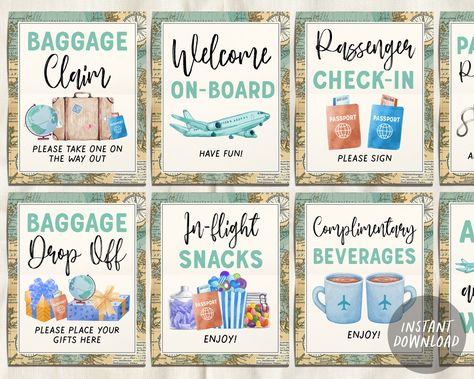 Airplane Travel Signs BUNDLE for Wedding Baby Shower Birthday, Airline Themed Birthday Table Decor, Around the World, Adventure Bridal - Etsy Airplane Baby Shower Theme, Vintage Travel Party, Travel Signs, Birthday Table Decor, Airport Theme, Travel Baby Shower Theme, Travel Baby Showers, Airplane Baby Shower, Airplane Theme