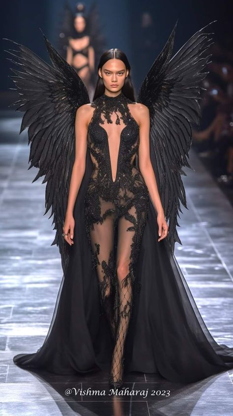 Black Dress With Wings, Vishma Maharaj 2023, Demon Outfit Ideas, High Fashion Halloween, Evil Outfits, Campy Fashion, Crazy Runway Fashion, Mythology Fashion, Demon Dress