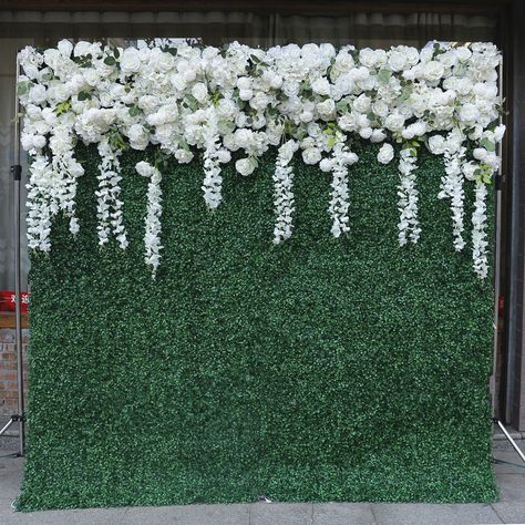 Wall Grass Decor Ideas, Flower Wall Design, Floral Backdrop Wedding, Roll Up Curtains, Salon Party, Grass Backdrops, Artificial Plant Wall, White Rose Flower, Flower Wall Wedding