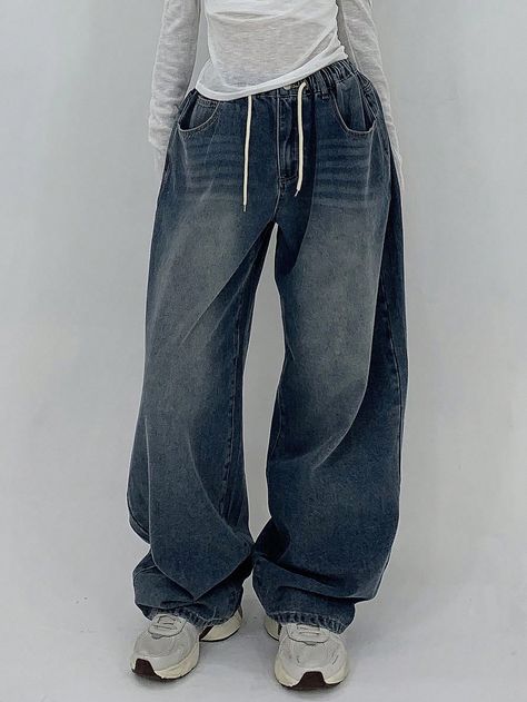 Women's Stretchy Waist Denim Harem Baggy Jeans Medium Wash Casual   Denim Plain Harem/Genie Non-Stretch  Women Clothing, size features are:Bust: ,Length: ,Sleeve Length: