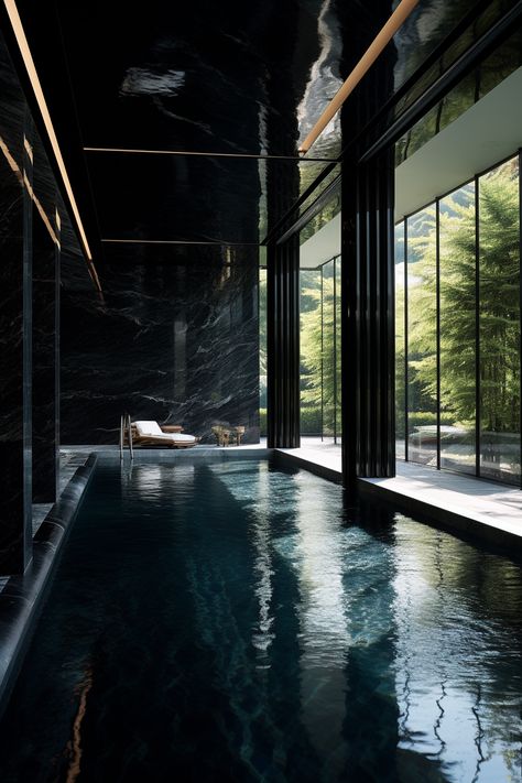 Black Pools Swimming, Dark Pool Aesthetic, Goth Pool, Storybook Architecture, Black Swimming Pool, Charlie Anderson, Black Mansion, Underground Swimming Pool, Dream House Pool