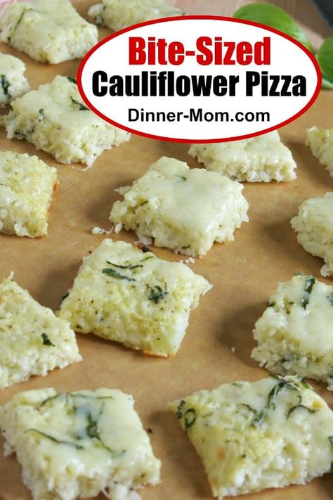 Easy Cauliflower Pizza Crust Recipe cut into appetizer sized bites will be the hit of the party. Low-carb, gluten-free and cheesy! Easy Cauliflower Pizza Crust, Rice Pizza, Cauliflower Pizza Bites, Cauliflower Pizza Crust Recipe, South Beach Diet Recipes, Frozen Cauliflower, Cauliflower Pizza Crust, Pizza Dinner, Riced Cauliflower