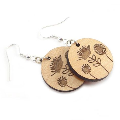 Wood Flower Earrings - Laser Cut and Engraved with Surgical Steel Wood Jewelery, Laser Cut Wood Earrings, Engraved Earrings, Laser Cut Jewelry, Wood Burning Crafts, Laser Cut Earrings, Wood Burning Patterns, Cut Earrings, Fish Hooks