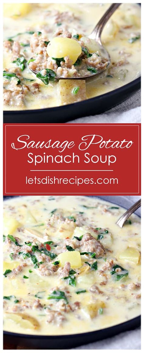 Sausage Potato and Spinach Soup Recipe -- Featuring Italian sausage, tender chunks of potato, and fresh spinach, this creamy, satisfying soup is the perfect meal on a cold day. Sausage Potatoes Spinach Soup, 12 Tomatoes Creamy Italian Sausage And Potato Soup, Sausage And Spinach Soup Recipes, Sausage Potato And Spinach Soup, Italian Spinach Soup, Italian Sausage Soup With Spinach, Potato And Ground Sausage Recipes, Ground Beef Spinach Soup, Soups With Spinach In Them