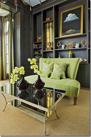 Amy Howard (via Cote de Texas).  Narrow shelves (built in) and the gray and green make this room! Dark Grey Walls, Green Furniture, Design Salon, Library Ideas, Decoration Inspiration, A Living Room, Grey Walls, Home Decor Accessories, Home Interior