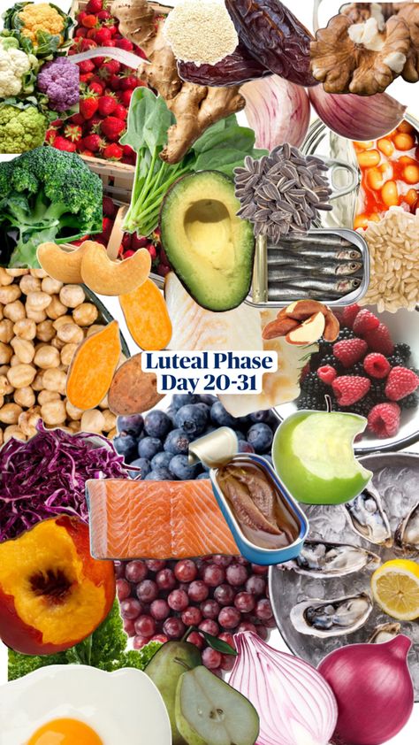 Foods to eat during your luteal phase Foods For Luteal Phase, Luteal Phase Aesthetic, Foods To Eat On Your Period, Follicular Phase Meals, Luteal Phase Meals, Luteal Phase Food, Cycle Synching, Period Food, Cycle Health