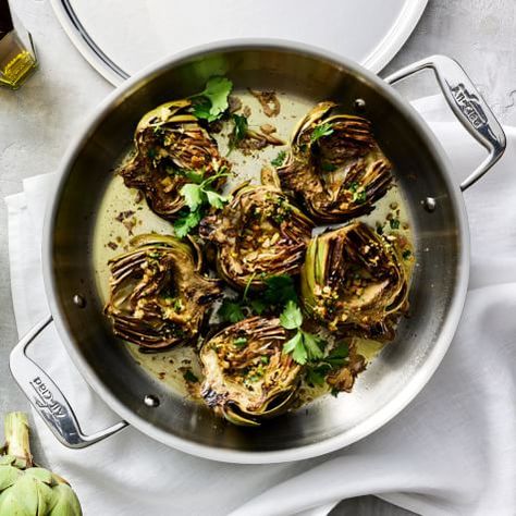 Braised Artichokes with Brown Butter Sauce | Williams Sonoma Braised Artichokes, William Sonoma Recipes, Brown Butter Sauce, Artichoke Recipes, Vegetarian Entrees, Browned Butter, Vegetarian Snacks, Carb Meals, Butter Sauce