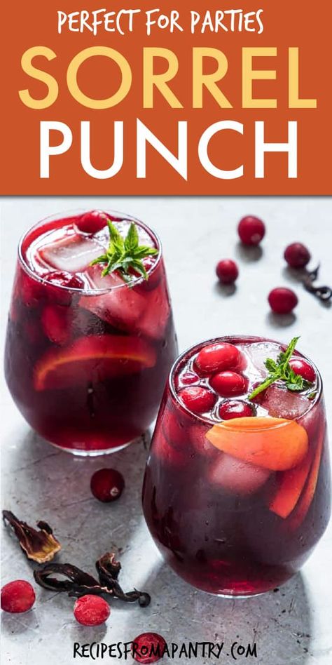 Sorrel punch is the recipe to a very merry holiday! Colorful and full of festive flavors, this is the perfect Christmas punch for all your holiday celebrations. And you can make this hibiscus punch ahead of time and store in the fridge until needed, so it's ideal for entertaining. Click through to get this awesome sorrel punch recipe!! #sorrelpunch #hibiscuspunch #christmaspunch #christmasdrinkrecipes #punch #drinkrecipes #jamaicansorrelpunch #glutenfree #vegan Sorrell Recipe, Hibiscus Punch Recipe, Sorrel Cocktail Recipe, Sorrel Tea Recipe, Sorrel Juice, Jamaican Sorrel Drink Recipe, Hibiscus Punch, Sorrel Drink Recipe, Magical Drinks