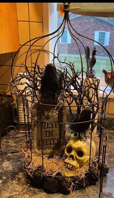 Bird Cage Halloween Decor, Ideas For Bird Cages Decor, Scary Halloween Centerpiece Ideas, Birdcage Halloween Decor, Halloween Bird Cage, Halloween Bird Cage Ideas, Halloween Birdcage, Halloween Trick Or Treat Table, Witchy Halloween Decor