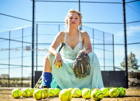 Softball Senior Pictures Prom Dress, Softball Pictures In Dresses, Fancy Dress Softball Pictures, Softball Dress Photoshoot, Softball Dress Pictures, Softball Princess Pictures, Softball Photoshoot, Softball Poses, Girl Prom Dress