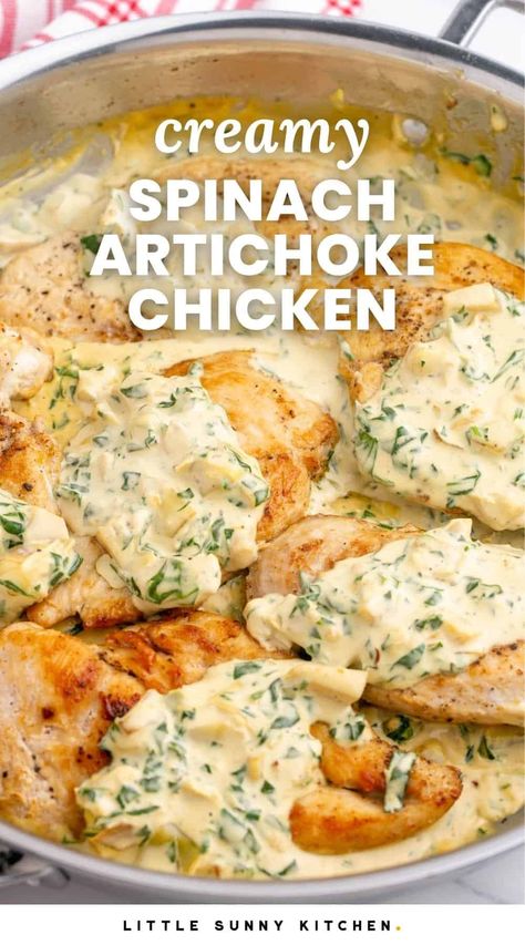 One-pan Creamy Spinach Artichoke Chicken is just like your favorite hot dip, and an impressive meal that you can make in less than 30 minutes. Chicken Spinach Artichoke Recipes, Chicken Artichoke Recipes Healthy, Spinach Sauce For Chicken, Chicken And Artichoke Recipes, Spinach Chicken Recipes, Spinach Artichoke Dip Chicken, Boneless Skinless Chicken Breast Recipes Baked, Chicken Bacon Artichoke, Creamy Artichoke Chicken