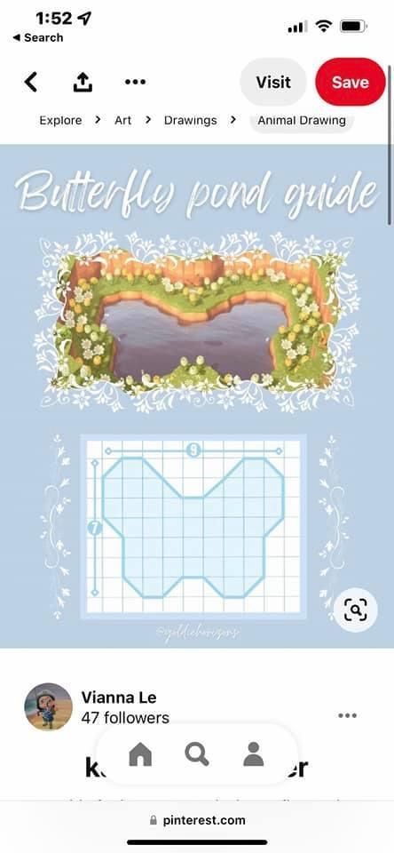 Acnh Pond Design Ideas, Acnh Waterfall House, Acnh Island Pond Ideas, Pond Codes Acnh, Butterfly Lake Acnh, Aesthetic Animal Crossing Island Layout, Puddle Design Acnh, Acnh Waterfall Idea Entrance, Lake Acnh Design