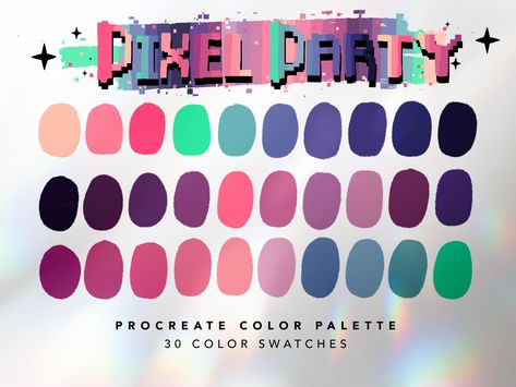 Pixel Party Color Palette For Procreate This color palette contains 30 color swatches to use in Procreate App. These colors were handpicked and were inspired by video game colors.  ⭐️ || YOU WILL RECEIVE || ⭐️ 1 x Procreate Palette Instructions 1 x JPG file with all swatches 1 x Pixel Party Color Palette for Procreate || .swatches file ⭐️ || HOW TO USE || ⭐️ 1. You will receive an email after you complete checkout with a link to download the files.  2. You can also log into your Etsy account on a web browser, NOT on the Etsy app. Go to 'Your Account', then 'Purchases and Reviews'.  Then you will be able to download the links. 3. Once you downloaded the files, you can click to open the .swatches file and it will automatically add it to your Procreate Palettes in the App. ⭐️ || PLEASE NOTE | Scenecore Color Palette, Gamer Color Palette, Character Design Color Palette, Pixel Art Color Palette, Pop Art Color Palette, Procreate Swatches, Paint Color Pallets, Procreate Palettes, Color Palette Procreate