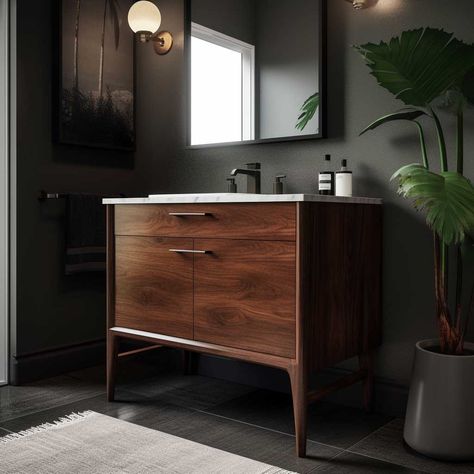 Dark Mid Century Bathroom, Dark Mid Century Modern Bathroom, Midcentury Modern Powder Room Ideas, Modern Wood Bathroom Vanity, Mid Century Modern Half Bathroom, Bathroom With Dark Wood Vanity, Mid Century Modern Powder Room, Walnut Vanity Bathroom, Modern Bathroom Vanity Design