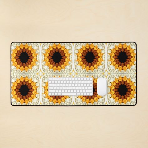 Crochet Mouse Pad, Crochet Keyboard Mat, Crochet Desk Mat, Crocheted Sunflower, Sunflower Granny Square, Crochet Granny Square Pattern, Sunflower Crochet, Granny Square Pattern, Crochet Mouse