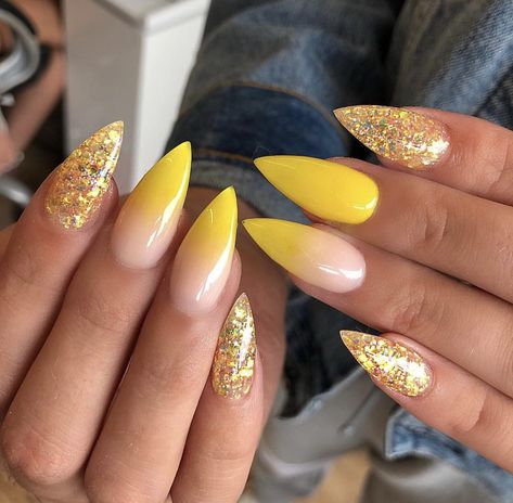 Rave Nails, Sun Nails, Nail 2024, Purple Glitter Nails, Multicolored Nails, Yellow Nail Art, Yellow Nails Design, Pointy Nails, Long Acrylic Nail Designs