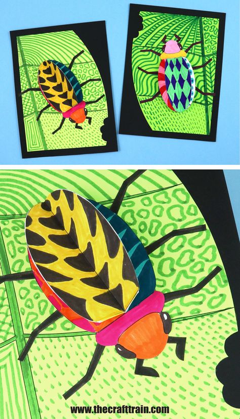 3D bugs decorated with doodles pictured on a patterned leaf with bite marks in it Alice Coachman, Insect Art Projects, Insect Craft, 3d Art Projects, Insect Crafts, Bug Crafts, Bug Art, Kids Exploring, Fun Printables