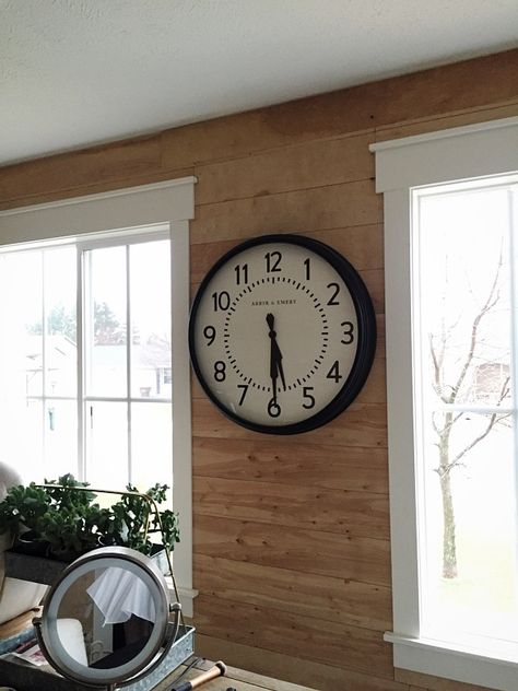 Unpainted Shiplap Wall, Shiplap Office, Cheap Shiplap, Camp Interior, Liz Marie Galvan, Stained Shiplap, Wood Shiplap Wall, Natural Wood Trim, Office Update