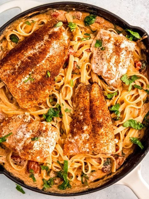 Creamy Cajun Salmon Pasta - The Oregon Dietitian Cajun Fettuccine, Creamy Cajun Salmon, Cajun Salmon Pasta, Leftover Salmon Recipes, Salmon Pasta Recipe, Creamy Salmon Pasta, Salmon Pasta Recipes, Cajun Salmon, Leftover Salmon