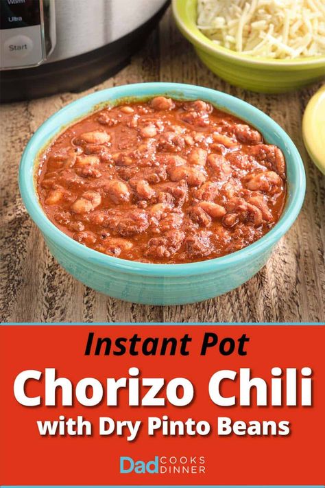 Instant Pot Chorizo Chili With Pinto Beans. Spicy chorizo cooked with dry pinto beans, ready in about an hour from your pressure cooker. #InstantPot #InstantPotRecipe #PressureCooker #PressureCookerRecipe @InstantPotOfficial Chorizo Chili Recipe, Pinto Bean Chili, Chorizo Chili, Dry Beans Recipe, Chili Toppings, Chorizo Recipes, Chilli Recipes, Instant Pot Soup, Healthy Instant Pot Recipes