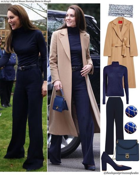 Catherine, Princess of Wales on Instagram: "Yesterday, the Princess of Wales the Oxford House Nursing Home in Slough. For the occasion, she brought back her @maxandco 'Longrun' Wool Coat in Camel (£460), which we previously saw last year (see second slide). Underneath, Catherine wore a new @ralphlauren Collection Cashmere Turtleneck Sweater in Navy ($1,090). Thanks to @middletonmaven for the ID. She paired the top with her @roland_mouret 'Lucanus' Trousers in Midnight Blue The Princess c Catherine Princess Of Wales Style, Navy Blue Turtleneck Outfits, Blue Jumper Outfit, Navy Blue Sweater Outfit, Navy Blue Turtleneck, Cashmere Sweater Outfit, Navy Cashmere Sweater, Blue Sweater Outfit, Turtleneck Outfits