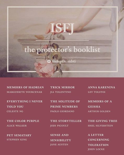 Isfj Reading List, Isfj Core Aesthetic, Isfp Booklist, Mbti Booklist, Isfj Moodboard, Isfj Personality Aesthetic, Infj Booklist, Isfj Booklist, Isfj X Esfj