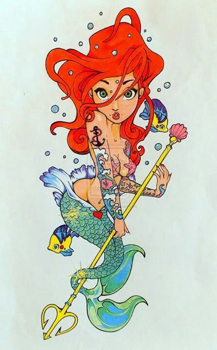 Dark Disney ♥ Ariel Tim Shumate, Pin Up Mermaid, Punk Disney Princesses, Cartoon Kunst, Disney Princess Tattoo, Punk Disney, Princess Tattoo, Theme Tattoo, Mermaid Drawings