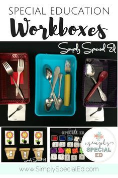 Workbasket Wednesday! - See how this special education teacher teaches various life skills in her elementary sped classroom. You'll learn more about utensil matching, letter sorting, and 1 to 1 correspondence. These activities and ideas can be used with early childhood, elementary, middle school, or high school students. Click through now to see how to adapt this to best fit your students' needs. Fine Motor Activities For Adults Life Skills, Elementary Sped Classroom, Adaptive Teaching, Task Bins, Functional Academics, Medical Slp, Teacch Tasks, Special Education Lesson Plans, Vocational Tasks