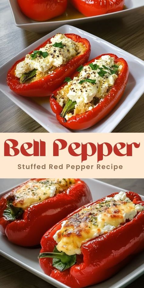 Stuffed Red Peppers with Feta and Gruyere Ingredients: 5 red peppers 400 g (14 oz) Greek feta cheese 70 g (2.5 oz) gruyere cheese 200 g (7 oz) yogurt #Bell #PepperRecipe Stuffed Red Peppers, Red Pepper Recipes, Creamy Feta, 15 Minute Meals, Gruyere Cheese, Peppers Recipes, Cooking Kitchen, Red Peppers, Quick Recipes