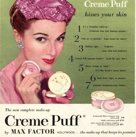 #TBT:+10+Vintage+Beauty+Ads+From+Your+Favorite+Beauty+Brands+via+@byrdiebeauty Vintage Beauty Ads, Rockabilly Makeup 50s, Rockabilly Makeup, 50s Makeup, Vintage Makeup Ads, Creme Puff, Pin Up Makeup, Beauty Ads, Advertising Archives