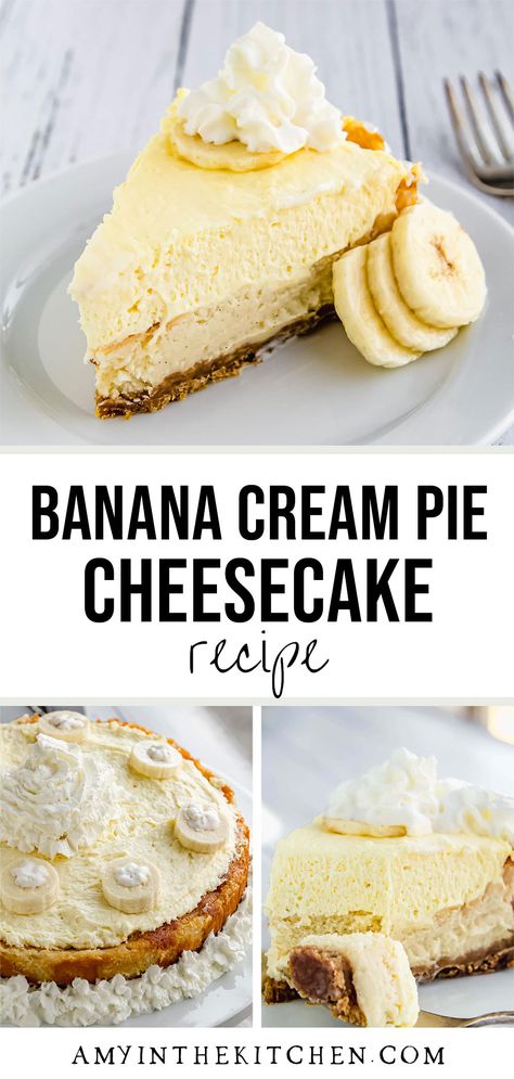 A delicious banana cream pie cheesecake recipe that is sure to wow any crowd. The most smooth and velvety cheesecake ever! Layers of decadent vanilla bean cheesecake, fluffy banana cream and homemade whipped topping make this a dessert you'll want to serve over and over again! Banana Cream Pie Cheesecake, Banana Cheesecake Recipe, Homemade Whipped Topping, Banana Creme Pie, Holiday Cheesecake Recipes, Cream Cheese Pie Recipes, Easy Banana Cream Pie, Banana Cream Cheesecake, Banana Cream Pie Recipe