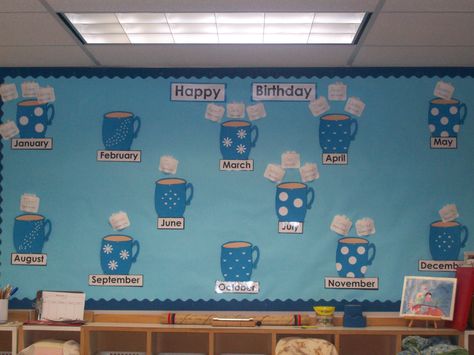 Hot chocolate and marshmallow bday board Winter Birthday Board Ideas, Winter Birthday Board Classroom, Winter Birthday Board, Birthday Calendar Classroom, Birthday Board Ideas, Birthday Bulletin Board, Daycare Curriculum, Birthday Board Classroom, Birthday Boards