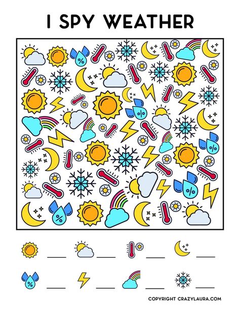 Looking for a quick and easy activity for the kids? Check out this free ispy weather printable with three different versions to use! Ispy Worksheet For Kids, Weather Printables Preschool Free, Weather Games For Kids, Weather Activities Preschool Printables Free, Seasons Activities For Kids, Weather Worksheets For Kids, Seasons For Kids, Weather For Kids, Weather Activities Preschool