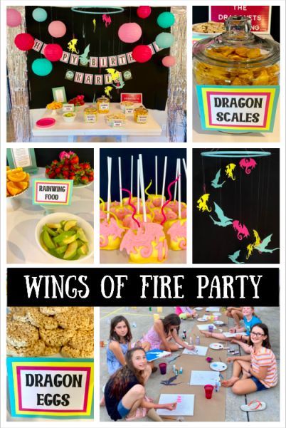 Wings of Fire fans will love these fun ideas for creating an epic dragon themed birthday party. Seawings, Skywings, and Rainwings will feast at the spread of tasty treats and party goers get to make a dragon eye ring, paint a dragon scene, and go for a dragon egg hunt. Dragon Birthday Activities, Dragon Bday Party Ideas, Dragon Birthday Party Games, Wings Of Fire Decorations, Wings Of Fire Valentine Box Ideas, Wings Of Fire Party Games, Dragon Party Decorations Diy, Dragon Birthday Party Food, Wings Of Fire Dragon Birthday Party