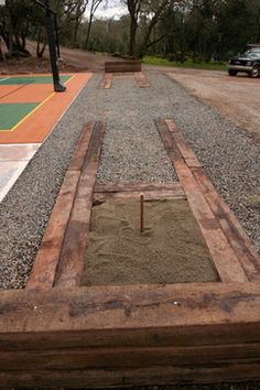 Horseshoe Pit Design Ideas, Pictures, Remodel, and Decor Railroad Ties Landscaping, Backyard Games Diy, Railroad Ties, Fire Pit Materials, Outdoor Remodel, Mediterranean Landscaping, Backyard Diy, Horse Shoes, Yard Project