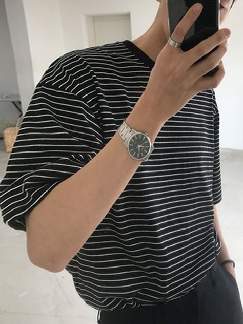 Stripped Tshirt, Striped Tshirt Men, Outfit Cowok, Striped Clothes, Striped Tshirt, Man Clothing, Striped Vests, Drop Shoulder Tee, Stripe Outfits