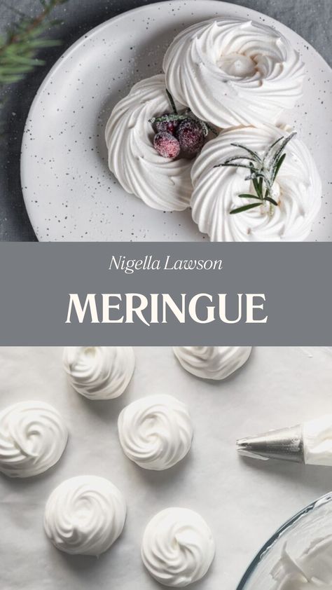 Nigella Meringue Chewy Meringue Recipe, Merigune Desserts, Meringue Recipe Without Cream Of Tartar, Egg White Dessert Recipes, Desserts With Lemon, Meringue Cups, Easy Meringue Recipe, Nigella Lawson Recipes, Meringue Desserts