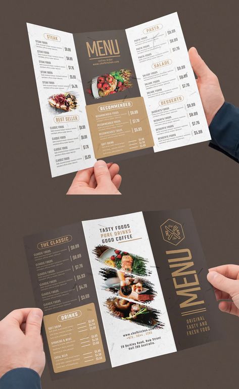 Food Menu Brochure Design, Trifold Restaurant Menu Design, To Go Menu Design, Folding Menu Design, Restaurant Menu Card Design Creative, Tri Fold Menu Design, Trifold Menu Design Layout, Food Brochure Design Layout, Folded Menu Design