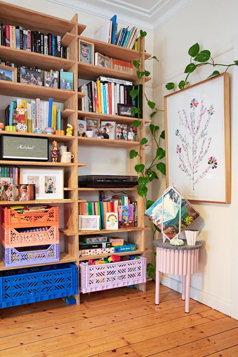 Eclectic Toy Storage, Children’s Storage, Craft Rooms In Small Spaces, Craft Shelf Organization, Small Space Toy Storage, Art Room Storage Ideas, Book Organization Small Spaces, Toy Storage Ideas For Living Room, Crate Toy Storage