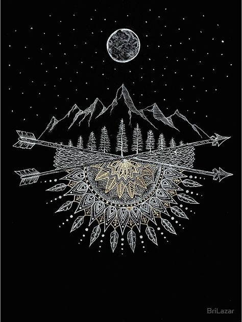 "Moon and Stars Night Sky Mountain Range Arrow Mandala" Art Print by BriLazar | Redbubble Mandala Arm Tattoo, Stars Night Sky, Sky Mountain, Mandala Tattoo Design, Feather Tattoos, Mandala Design Art, Hand Tattoo, Tree Tattoo, Trendy Tattoos