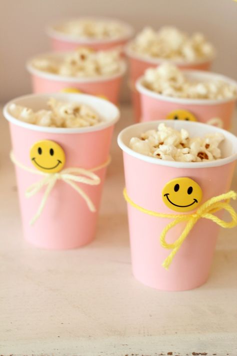 Cute Food For Birthday Party, Groovy Party Finger Foods, Pink And Yellow 1st Birthday Party, Pink And Yellow Birthday Party Decor, Pink Yellow Birthday Party, Hippy Party Food Ideas, Smiley Face Party Food Ideas, Pastel Party Food Ideas, Pink And Yellow Birthday Party Ideas