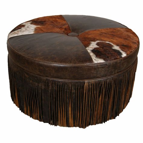 Dodge City Ottoman with Fringe Western Chair, Cowhide Ottoman, Cowhide Furniture, Brindle Cowhide, Dodge City, Round Ottoman, Oak Hardwood, Western Leather, Leather Ottoman