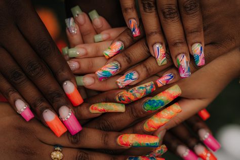 Colorful 90s Nails, Early 2000s Nails, 2000s Nail Art, 2000s Nail Salon Nails, 90s Nail Designs, 2000 Nail Art, 90s Nail Art, 2000 Nails, 90’s Theme Acrylic Nails