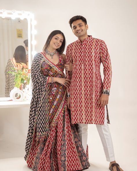 Can you take your eyes off from this stunning couple & Gurukrupa outfits? Our most awaited Radhe Shyam Navratri Collection, featuring the enchanting chemistry of a real-life couple! 🥰✨ Featuring @pranali_mistry_ @ishanmehta27 Jewelry line @morpankh_jewels_ ✨️Lehenga: Featuring a 12-meter flared Kalamkari Handblock print lehenga embellished with vibrant kutchi handwork on duppta further teamed with halter blouse. ✨️Kurta: Stunning kalamkari Handblock print kurta. Perfect for adding a s... Print Lehenga, Navratri Collection, Radhe Shyam, Halter Blouse, Your Eyes, Chemistry, Lehenga, Real Life