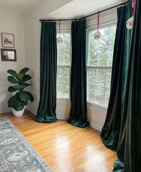 Green velvet curtains add a ton of richness to a space. These curtains are SO affordable and the best part? the backside are the same color as the front so look great from outside the house as well. Win Win for the price! Click the link to see! Also, a ton of other colors as well! Dark Green Room Curtain Ideas, Green Living Room Color Scheme Curtains, Bright And Moody Decor, Emerald Green Curtains Living Room Ideas, Velvet Window Curtains, Green Curtains Grey Walls, Rich Curtains Living Rooms, Navy Drapes Living Room, Green Velvet Drapes Living Room