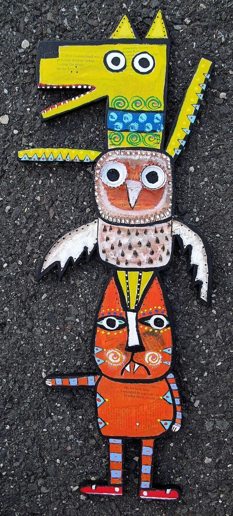 Cat Totem, 5th Grade Art, Totem Pole, School Art Projects, Middle School Art, Outsider Art, Camping Art, Art Club, Childrens Art