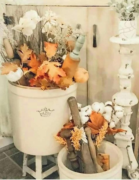 Decorating With Old Crocks, Decorating With Crocks, Crocks Decor, Crock Display, Crock Ideas, Crock Decor, Vintage Crocks, Old Crock, Country Crock