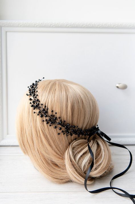 "Black hair crown Gothic crown Gothic headband Black pearl crown Pearl hairpiece Gothic bridal crown Gothic hairpiece Gothic hair wreath Gothic pearl vine Gothic black crown Gothic Hair crown NOTICE! All orders are make at a time as the orders come. If you have a wedding soon, or you need an order for a specific date.Please contact me before place an order.For specification of time of delivery. To avoid difficult situations Beautiful and delicate black pearl hair crown. The hair wreath is made b Black Bridal Hair Piece, Black Headpiece Bridal, Black Wedding Veil With Crown, Gothic Wedding Crown, Witch Hair Accessories, Gothic Wedding Headpiece, Black Wedding Headpiece, Black Tiara Gothic, Black Head Piece