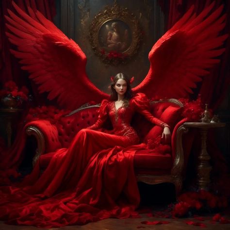 Red Velvet Angel - AI Generated Artwork - NightCafe Creator Devils Wings, Red Angel Wings, Devil Art, Angelcore Aesthetic, Red Angel, Gothic Angel, Female Demons, Dark Beauty Photography, I See Red